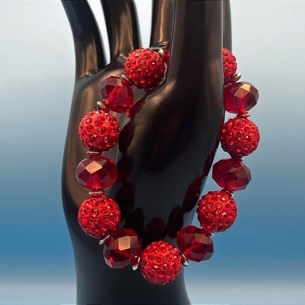 Vintage‎ Red Rhinestone Classic Modern Fashion Shamballa-Style Stretch Beaded